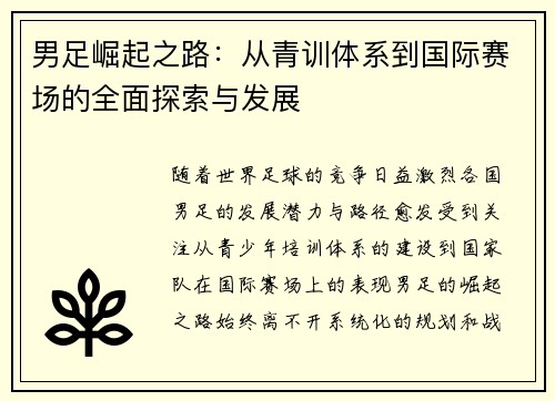 男足崛起之路：从青训体系到国际赛场的全面探索与发展