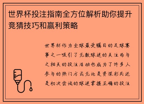 世界杯投注指南全方位解析助你提升竞猜技巧和赢利策略