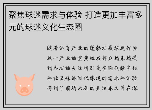 聚焦球迷需求与体验 打造更加丰富多元的球迷文化生态圈