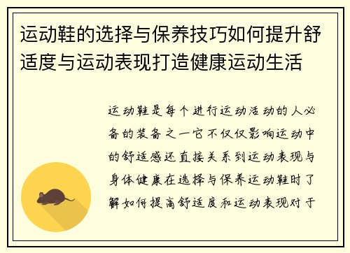 运动鞋的选择与保养技巧如何提升舒适度与运动表现打造健康运动生活