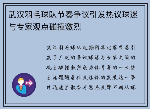 武汉羽毛球队节奏争议引发热议球迷与专家观点碰撞激烈